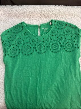 Boden Emerald Green Sasha Eyelet Yoke Short-Sleeve Top